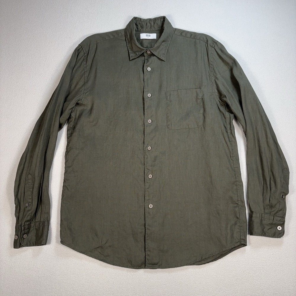 Uniqlo 100% Premium Linen Shirt Mens M Green Pocket Regular Fit Button Up 482431